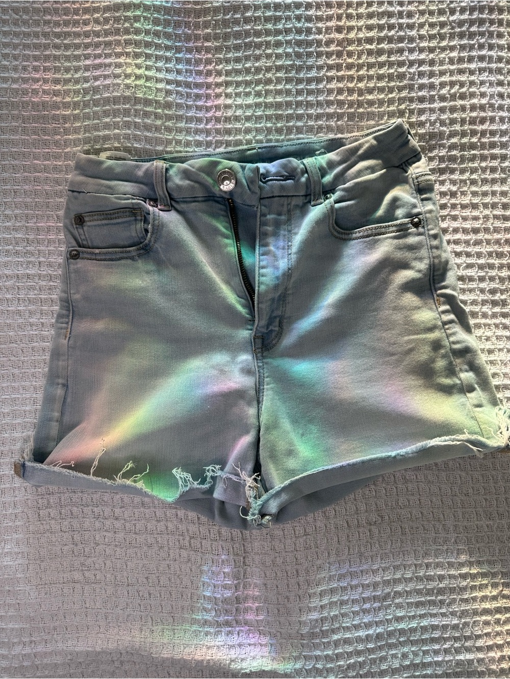 American Eagle High Rise Denim Shorts Light Wash Raw Hem Stretch Size 6
